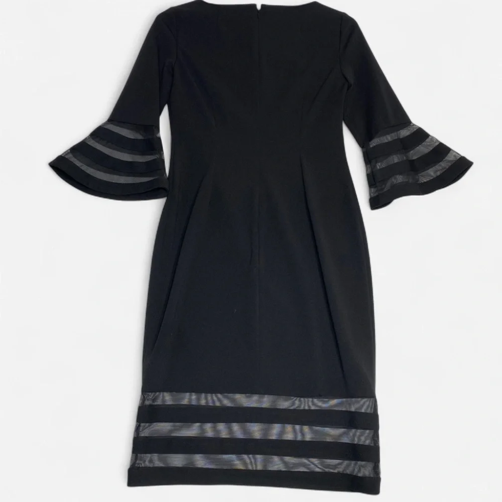 Calvin Klein Bell Sleeve Sheath Dress 6 Black Sheer Accents LBD Professional - Picture 2 of 13